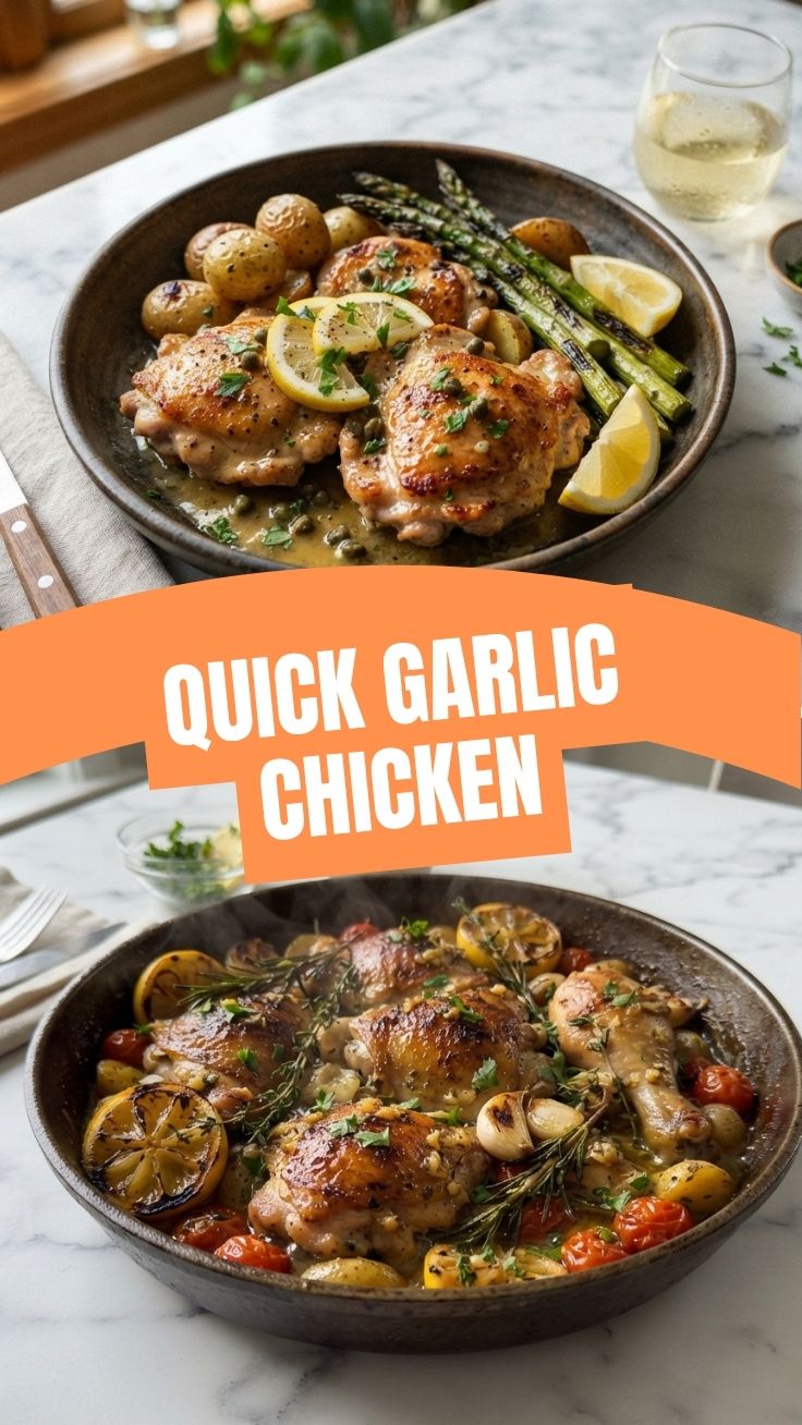 A serving of perfectly roasted lemon garlic chicken, golden-brown and glistening.