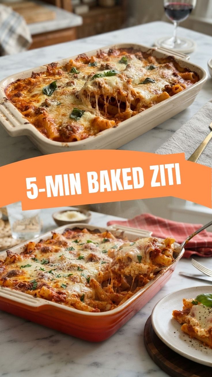 A bubbling dish of savory baked ziti, rich with sauce and cheese