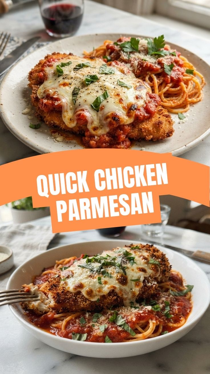 A serving of golden-brown chicken parmesan topped with melted cheese and marinara sauce.
