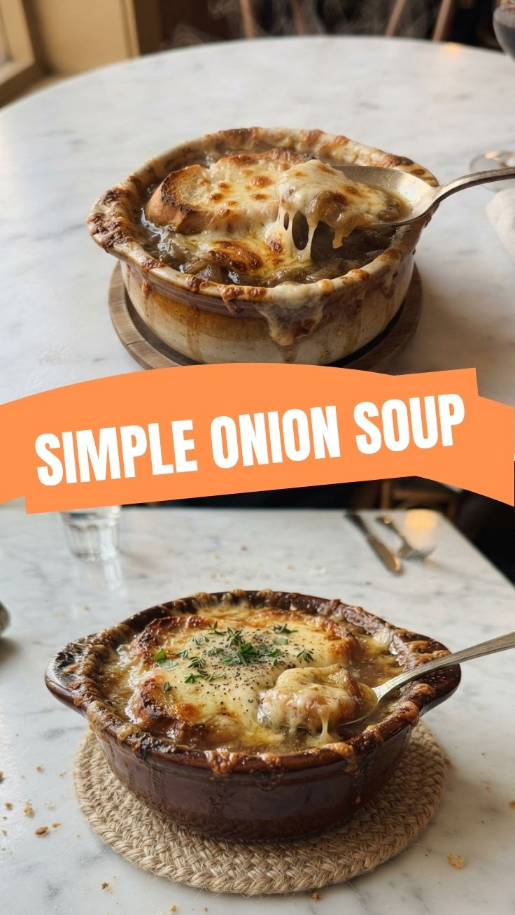 A bowl of traditional French onion soup with melted cheese on top